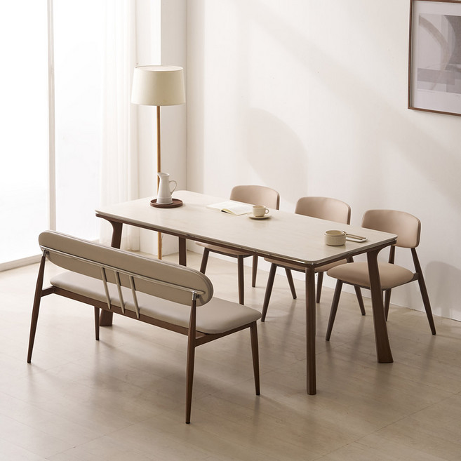 파로마 이즈 레나 1800 포세린 세라믹 6인용 식탁 세트(식탁 의자3 벤치), 화이트, 내추럴