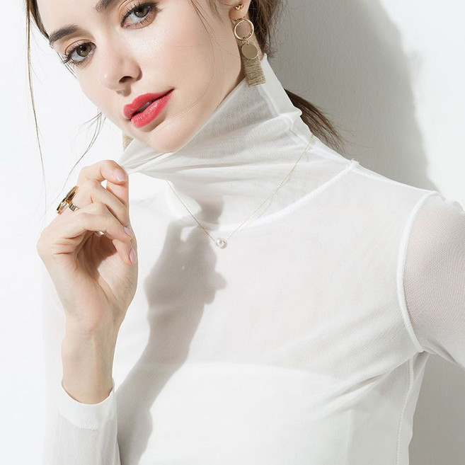 여성 망사 긴팔티 봄가을 패션 슬림핏 이너 상의 캐주얼 코디 터틀넥 시스루 티셔츠 WMY