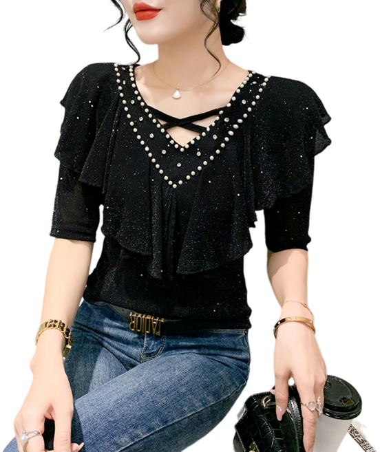 여성용 브이넥 망사 패션 프릴 비즈 5부 소매 티셔츠 뉴타임즈DF7888
