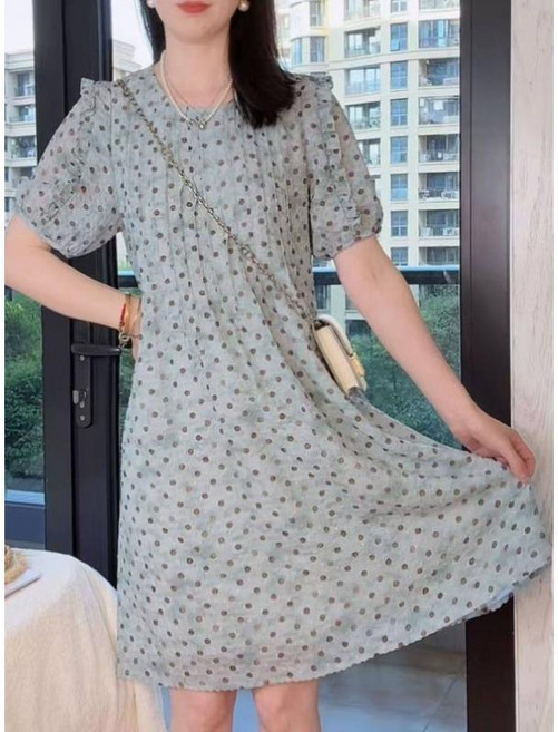 法式溫柔風波點連衣裙女2026夏季新款時尚休閒中長收腰顯瘦A字裙, 淺藍色