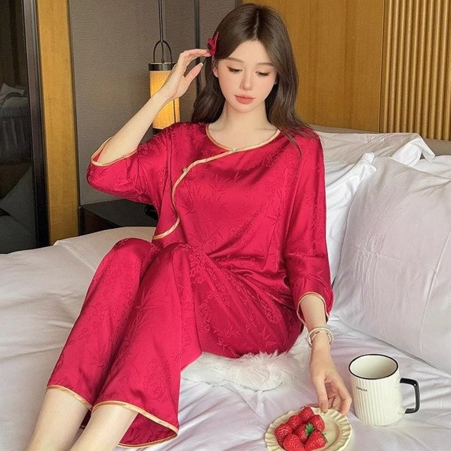 Vezri 여성 봄 여름 빅사이즈 잠옷 아이스 실크 칠부 소매 중국풍 클래식 럭셔리 홈웨어 세트 외출용 F88
