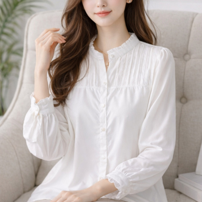 PETITBATH여성 셔링 블라우스 헨리넥 루즈핏 심플 데일리 상의WZS60301