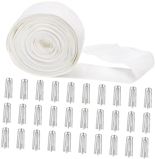 GHSHOP 10.9야드 커튼 플리터 테이프 (30개 후크 클립 포함 폭 71mm 주름 방지 간편한 설치 액세서리 교체용 흰색), 면, 폴리 에스테르, 하얀색, 1개
