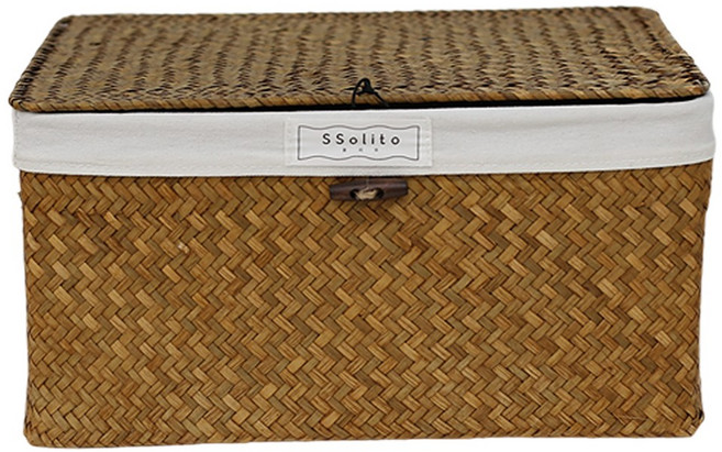 쏠리또 천연라탄 사각바구니 소형 중형 대형 덮개 정리함, 1개, 옅은갈색