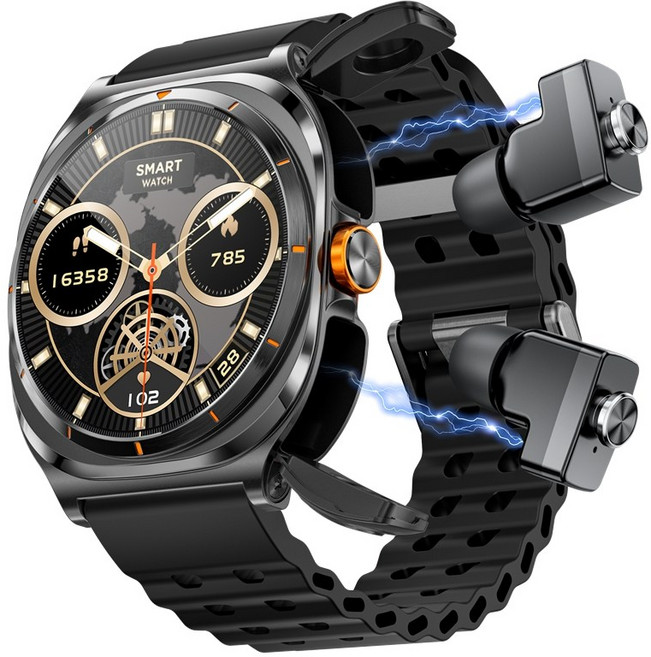 신형 1.53인치 스마트워치 블루투스 이어폰 2합일 심박수 수면 모니터링 대형 블루투스 듀얼 통화 다기능 시계., 블랙, 3.89cm