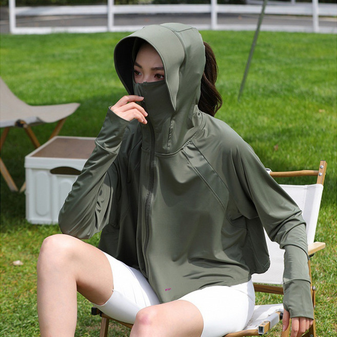 J.Y 冰絲涼感 短版防曬衣 夏季薄款女外套, 軍綠