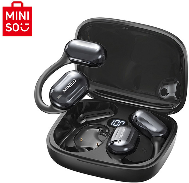 MINISO 이어폰 AI 자동통역 이어폰 블루투스 오픈형 회의 실시간 기록 양방향 통역, 블랙, MS162