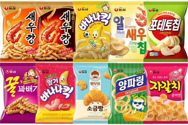 농심 새우깡+매운새우깡+바나나킥+알새우칩+포테토칩+꿀꽈배기+딸기바나나킥+빵부장소금빵+양파링+자갈치, 1개
