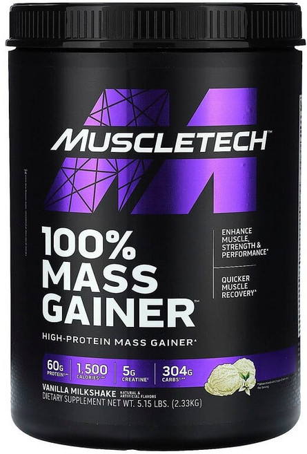MuscleTech 100% Mass Gainer 바닐라 밀크셰이크 2.33kg(5.15lb) MSC-71382, 2.33kg, 1개