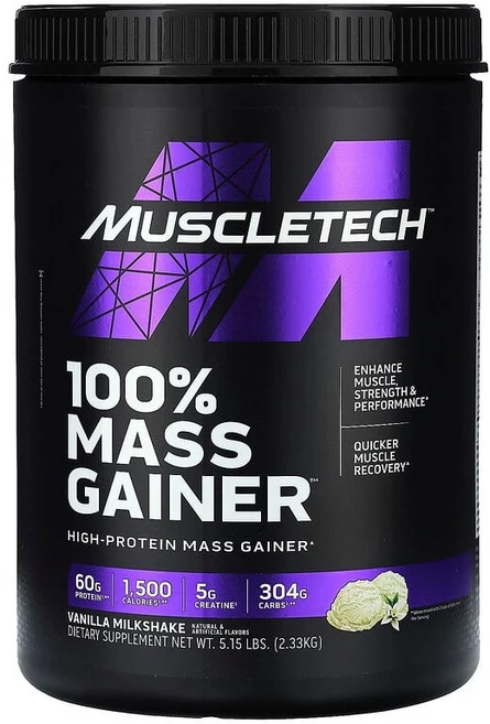 MuscleTech 100% Mass Gainer 바닐라 밀크셰이크 2.33kg(5.15lb) MSC-71382, 2.33kg, 1개 - 쿠팡