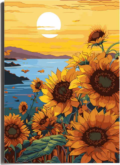 원그리드 DIY 명화그리기 세트 캔버스 유화 그림그리기, 붉은 노을 해바라기, 1개