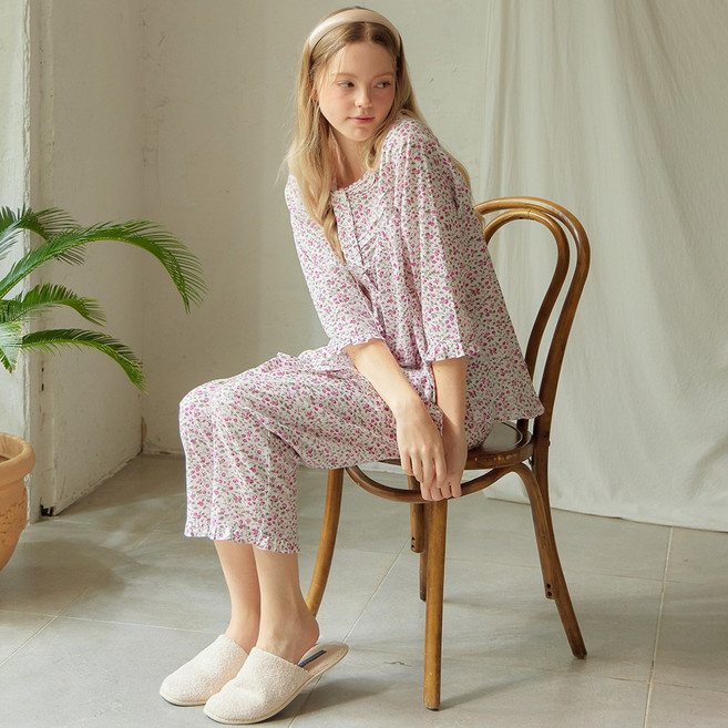 메이플라워 화이트베리 7부 순면 여성 빅사이즈 잠옷 홈웨어 세트