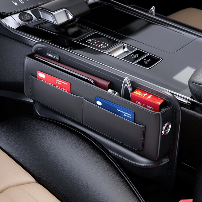 차량용 가죽 사이드포켓 자동차 시트 틈새 수납함, 블랙, 1개