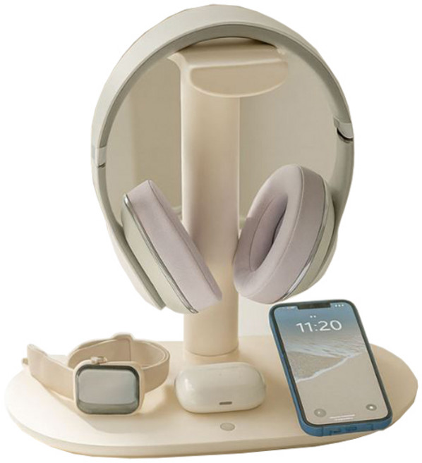 15W 고속 4in1 무선 충전 스테이션 아이폰 갤럭시 워치 에어팟 버즈 헤드셋 동시 충전 거치대, 화이트