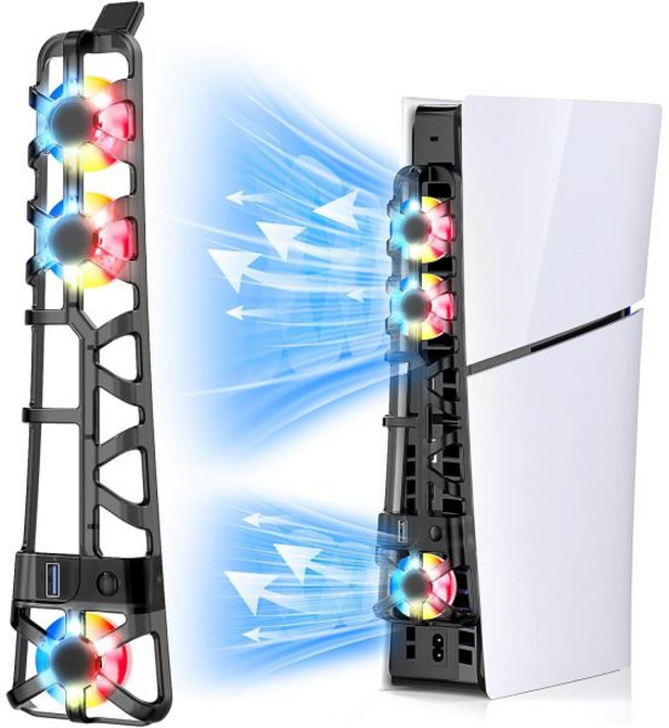 FASTSNAIL PS5 슬림 디지털디스크용 냉각팬 온도 센서 자동 속도 조절 수동 2단계 팬 USB 30 허브 LED 조명 포함 콘솔용 쿨러 시스템 액세서리, RGB Mode/Black