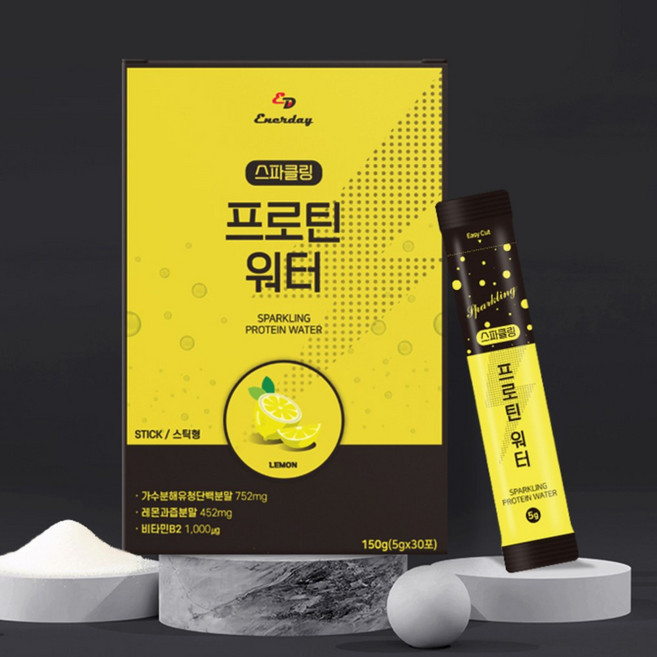 (굿즈앤라이프) 에너데이 레몬맛 단백질 스파클링 프로틴워터 30포 스틱형 가수분해 유청 단백질 분말 프락토올리고당 혼합유산균 운동 헬스 비타민 단백질 보충제 다이어트 보조제, 150g, 4개
