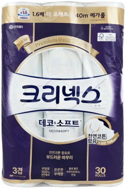 크리넥스 데코앤소프트 3겹 화장지, 40m, 30개입, 1개
