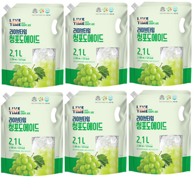 라이브타임 청포도에이드, 2.1L, 6개