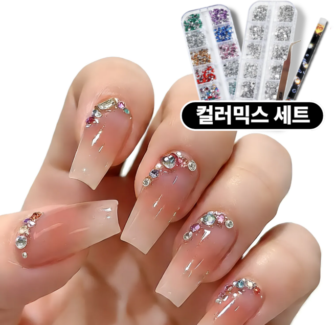 ONDOBIUM 젤네일 아트 셀프 네일 파츠 큐빅 원형 크리스탈 스톤 컬러 믹스 2종 세트, 1개, 혼합