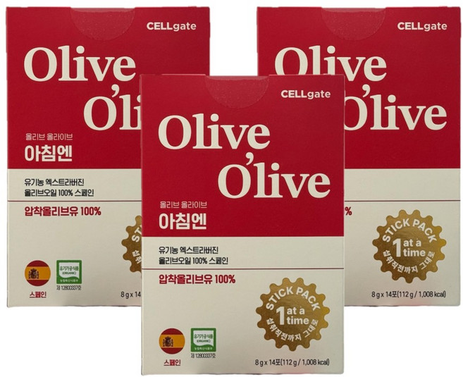 셀게이트 올리브올라이브 아침엔 유기농 엑스트라버진 올리브오일 스페인 30p, 3박스, 112g