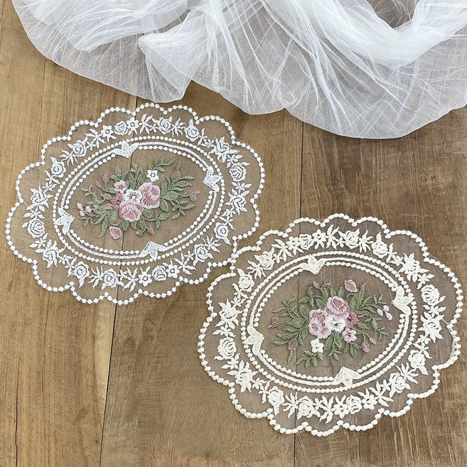 프렌치 플라워 타원형 레이스 컵매트 자수 덮개, 2개, 23cmx18cm, 화이트