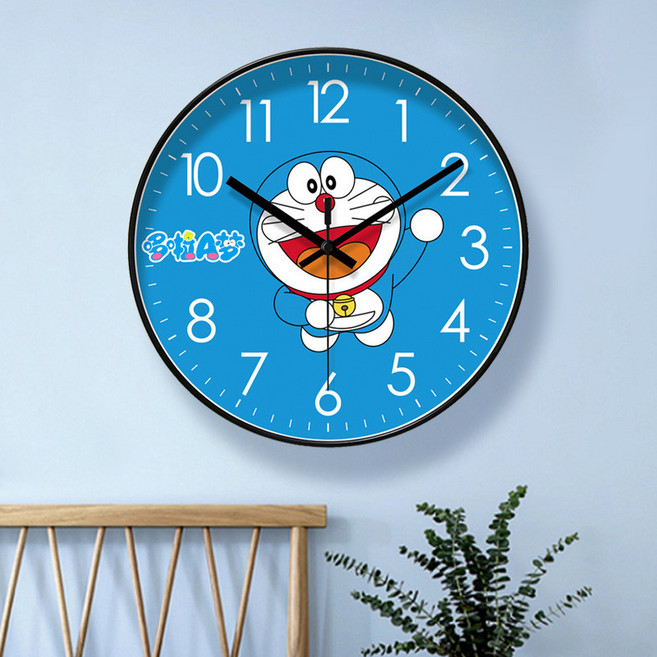 易普拉6810掛鐘客廳簡約哆啦A夢北歐時尚石英鐘, 14英寸,【超靜音-藍芯鍾】6813-B黑框