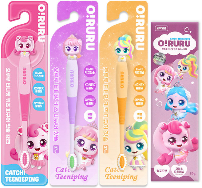 캐치티니핑 피규어 칫솔 3종 + 캐치티니핑 불소치약, 1세트, 4개입, 하츄+아름+뽀니+치약