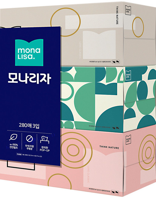 모나리자 소중한 내피부 천연펄프 미용티슈 무향 280매, 3개입, 1개