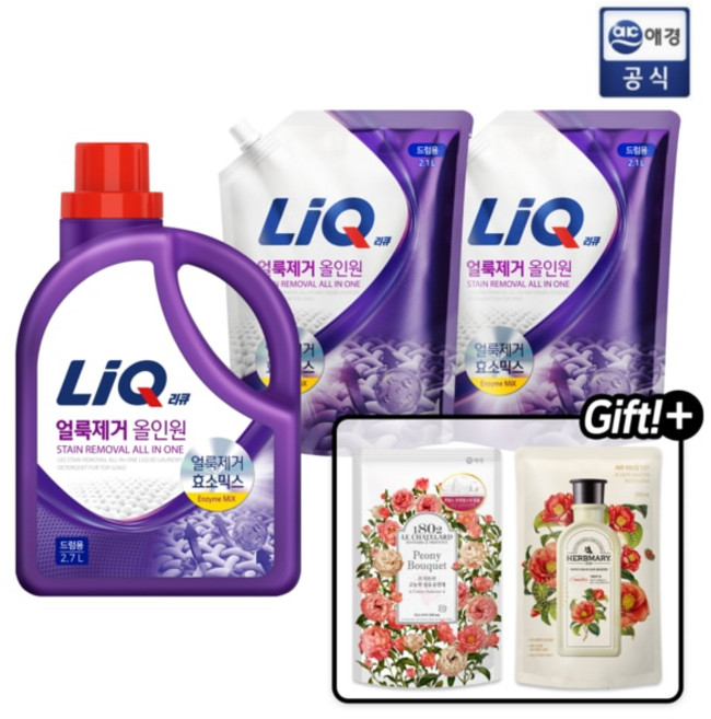 얼룩제거 올인원 세탁세제 드럼용 2.7L 용기 1개 + 2.1 리필 2개 생화향기 유연제 리큐
