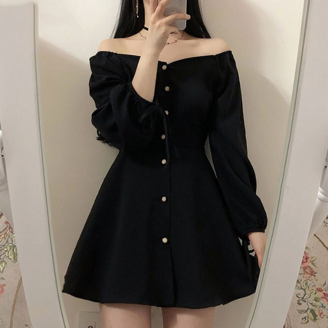 【顯瘦收腰】小黑裙 連衣裙 赫本風連衣裙 大碼連衣裙 小個子連衣裙 單排扣設計 高腰A字裙襬 春秋新款 胖MM御姐風, 黑色