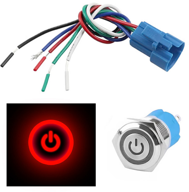 JK 크롬 스위치 레드 LED 16mm 셀프 락 타입 케이블세트 DC12/24V DIY 버튼 자동차 차량용 전원 원형 메탈 인테리어, 1세트
