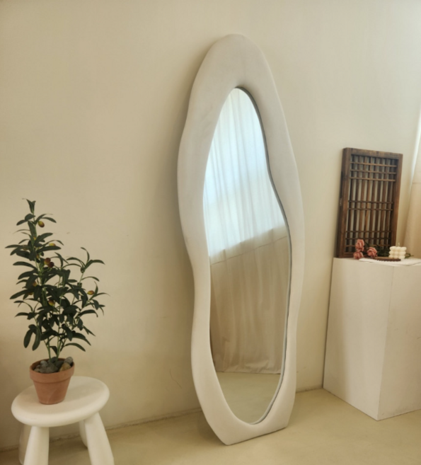 트랑떼 공룡알 대형 인테리어 물결 전신거울 웨이브 비정형 드레스룸 피팅 옷가게 스탠드 거울 B타입, 화이트(뒤면지지대있음)