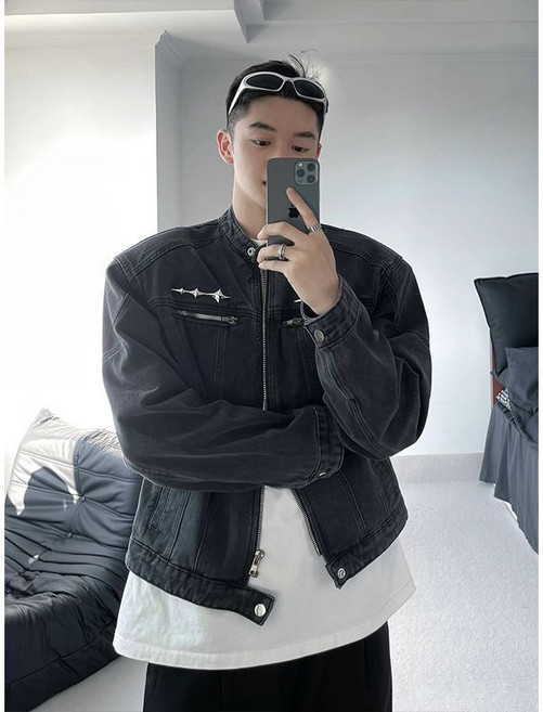 男士水洗做舊墊肩牛仔夾克外套，春秋款潮流美式復古上衣