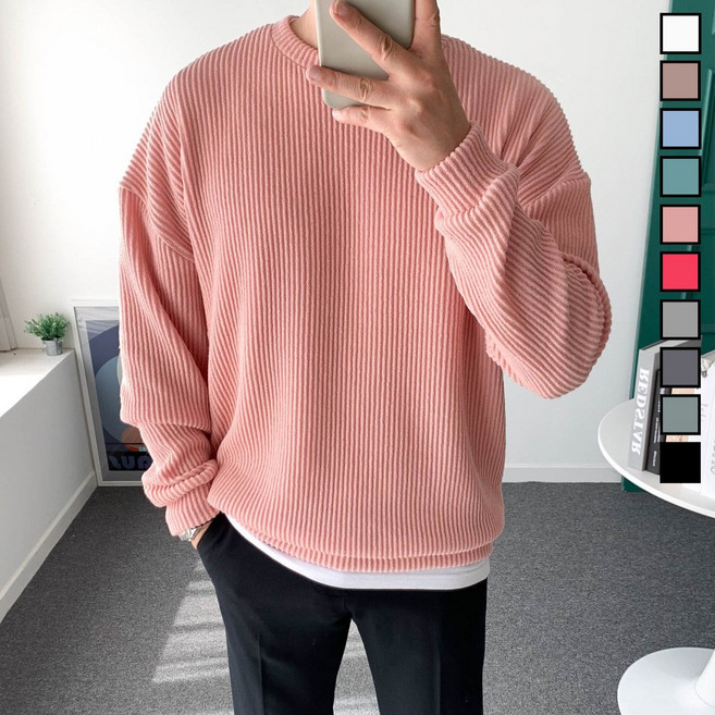 남자 봄 맨투맨 오버핏 골지 스판 니트 티셔츠