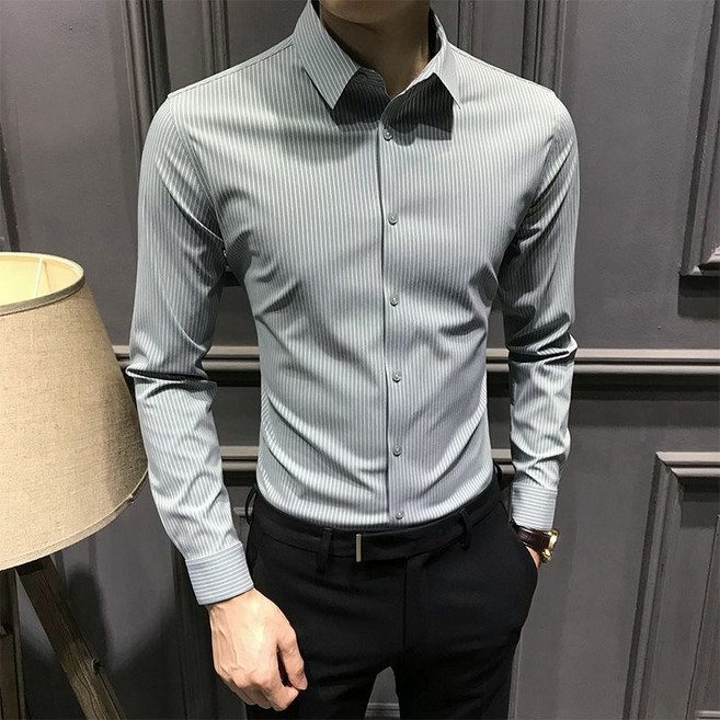 韓版新品感設計無痕襯衫男襯衫條紋秋季修身襯衣休閒商務男裝免燙
