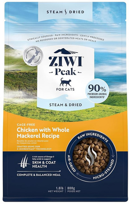 ZIWI 피크 스팀 & 말린 고양이 사료 - 야생 남태평양 생선 - 고단백 스킨 & 코트 건강 저탄수화물 모든 생활 단계용 (28.8온스), 1 Chicken with Whole Mackerel, 4.9 Pound (Pack of 1)