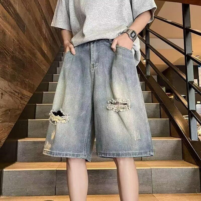 男士夏季薄款美式復古破洞牛仔五分褲