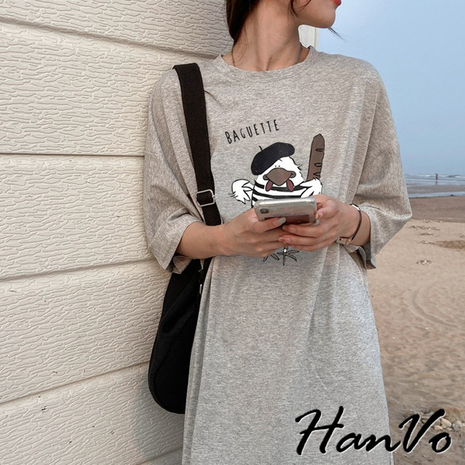 HanVo 逗趣麵包雞短袖長洋裝 - 舒適親膚柔軟休閒連衣裙 韓系女裝 (A06-3704), 灰色