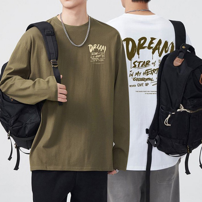 스타일아유 고품질원단 면100% 레터링 프린팅 빈티지 긴팔 라운드넥 루즈핏 티셔츠 남성용 240g TS3310