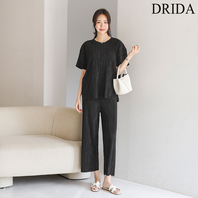 드리다 여름 가오리 루즈핏 빅사이즈 플리츠 티셔츠 와이드 팬츠 상하셋트 셋업 캐주얼 미시 등원 모임