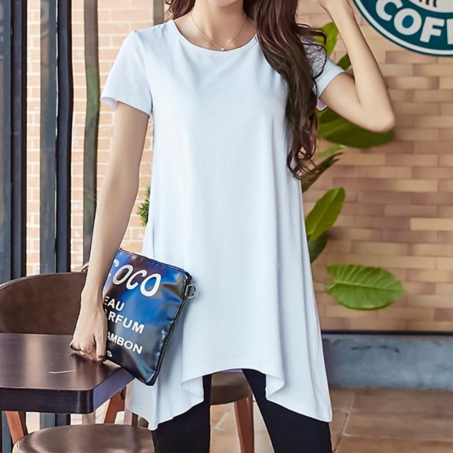 히트앤씨 4072 라운드 언발 반팔 롱티 여성 반팔 라운드넥