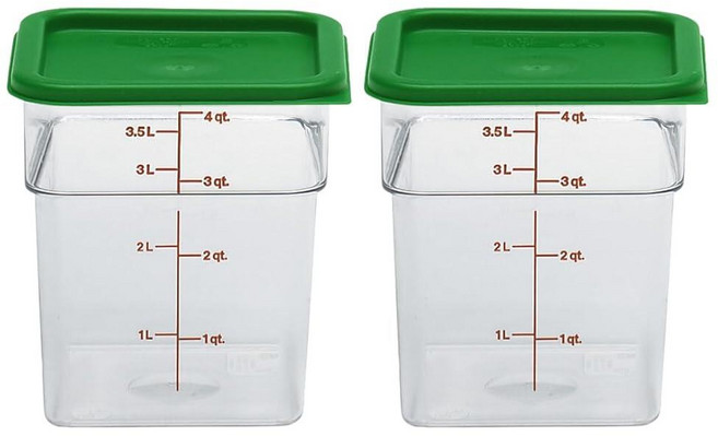 Cambro 뚜껑이 있는 식품 보관 용기 (2팩) - 그린 뚜껑이 있는 클래식 시리즈 스퀘어 - 3.8L(4쿼트) - 음식 준비를 위한 상업용 등급 (투명)