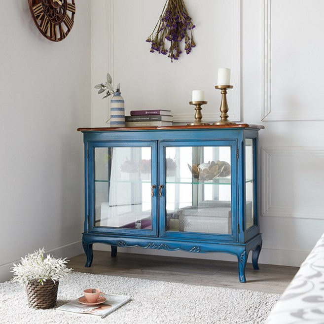 피어젠 엘프 프렌치 엔틱 원목 장식장 그릇장 접시장 중 코발트블루