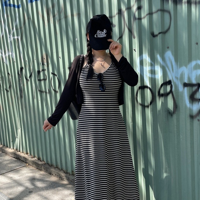 [L-4XL/빅사이즈] 줄줄이 원피스 레이어드 나시 뷔스티에 스트라이프 줄무늬 니트 여름 휴양지 비치 동남아 여행룩 롱원피스