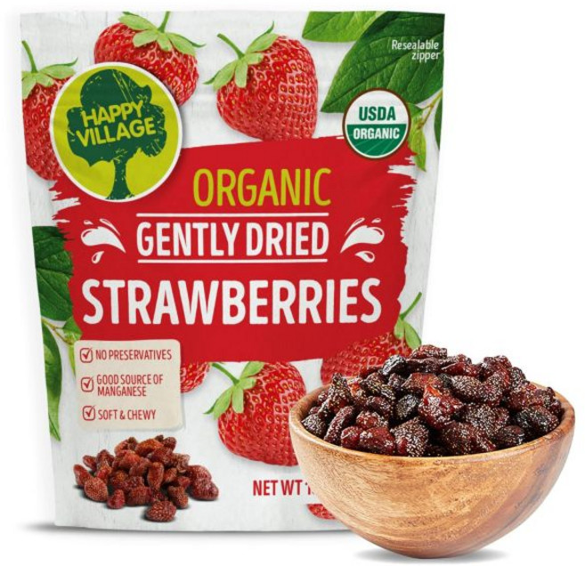 Happy Village 말린 과일 건조 건과일 행복한 마을 터키산 살구 무설탕 40온스 재밀봉 포장 코셔 비변형 무가당 무아황산 비건 햇볕, 딸기, 1.125 파운드 (1개 팩)