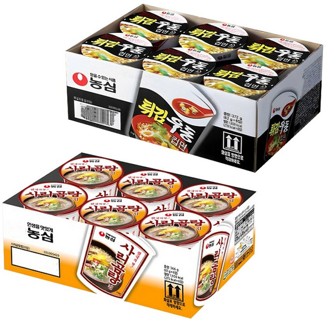 농심 컵라면 작은컵 튀김우동+사리곰탕면 6개씩, 1박스