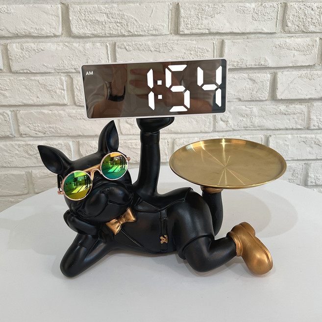 플랜와이 블랙 불독 인테리어 트레이 LED 탁상 시계 겸용, B-리버스 블랙