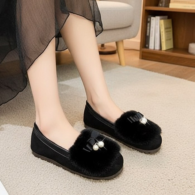 MIROSE 로맨틱 퍼 진주 리본플랫 여성털신발 겨울 털단화 로퍼 모카신(신발주걱 지급)