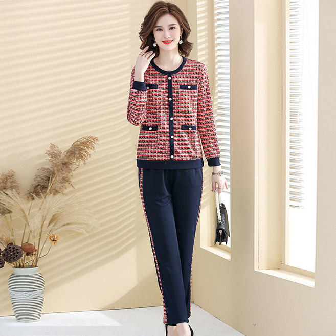 봄 가을 중년 여성 트위드 세트 캐주얼 중년 멈마 소향풍 긴팔 라운드 자켓 + 하이웨이스트 일자 팬츠 상하의 투피스 세트 기질 하객룩 세트 CY