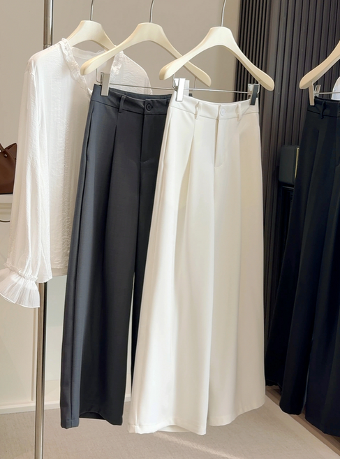 체인지쉬(change she) 여성 캐주얼 하이웨스트 심플 디자인 베이직 세미 와이드 정장 팬츠